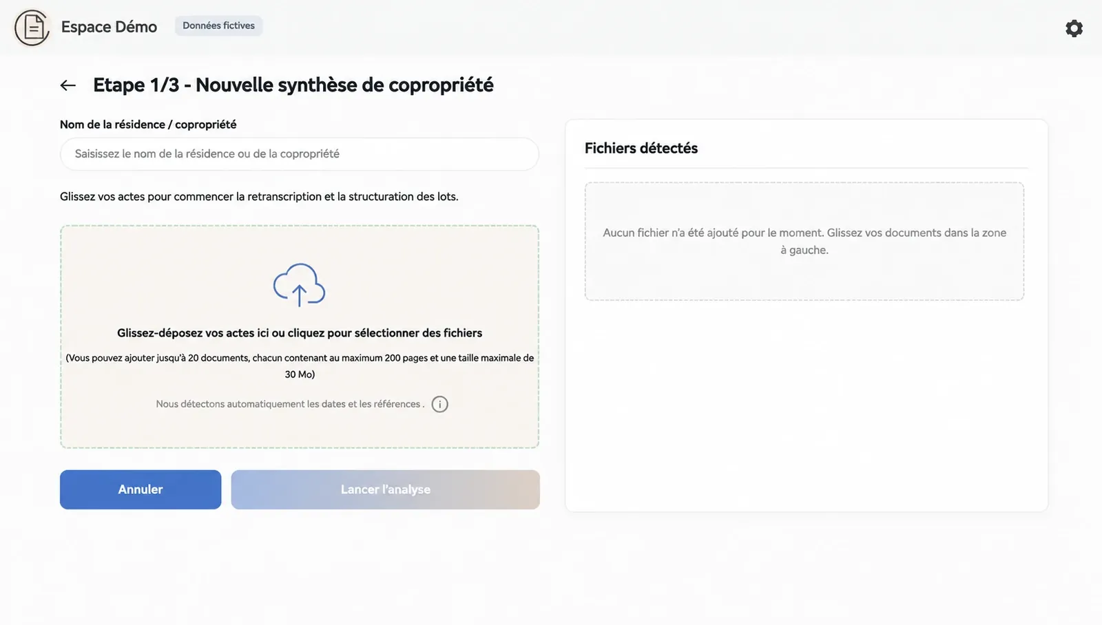 Capture de l'étape 1 sur 3 « Nouvelle synthèse de copropriété » : champ du nom de la résidence, zone de dépôt des actes et liste des fichiers détectés