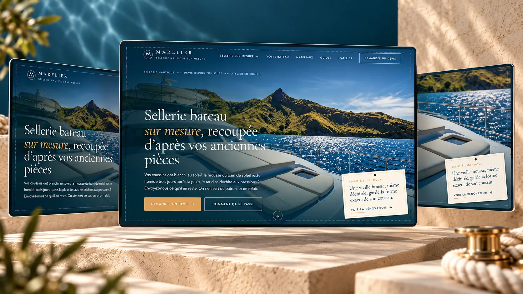 Trois écrans du site Marelier côte à côte, accueil au centre avec la photo d'un bain de soleil de yacht au mouillage