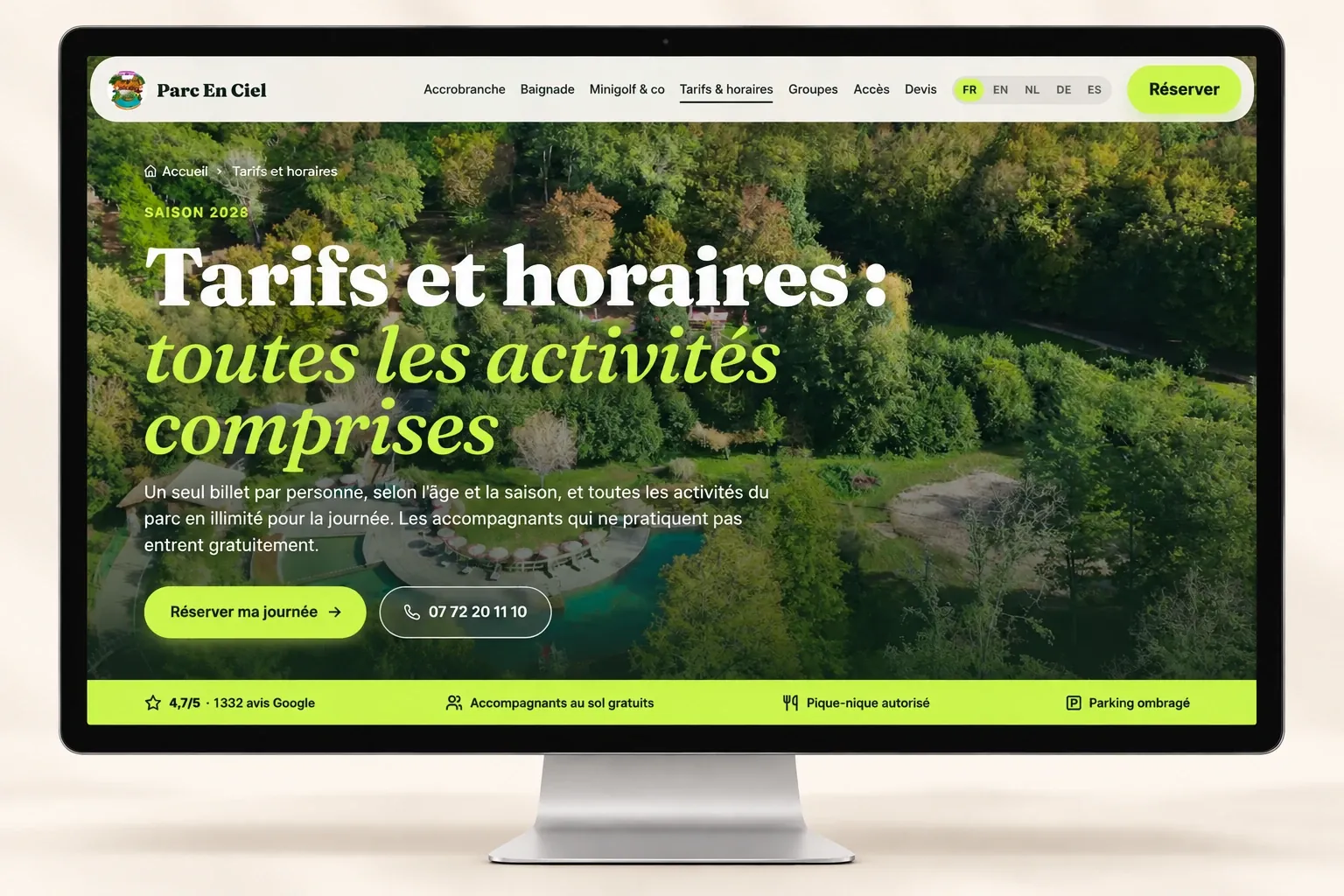 Maquette de la page Tarifs et horaires de Parc En Ciel : titre « Tarifs et horaires : toutes les activités comprises », un billet par personne selon l'âge et la saison, boutons de réservation et d'appel