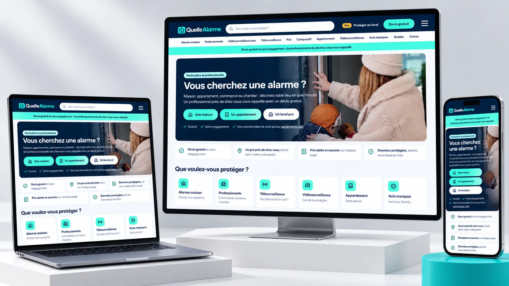 Le site QuelleAlarme sur un écran de bureau, un ordinateur portable et un téléphone : même accueil, adapté à chaque écran
