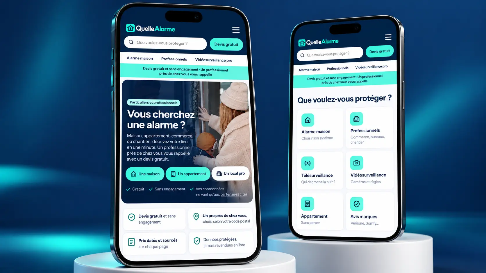 Deux téléphones affichant le site QuelleAlarme : l'accueil et ses trois boutons, puis les six rubriques de « Que voulez-vous protéger ? »