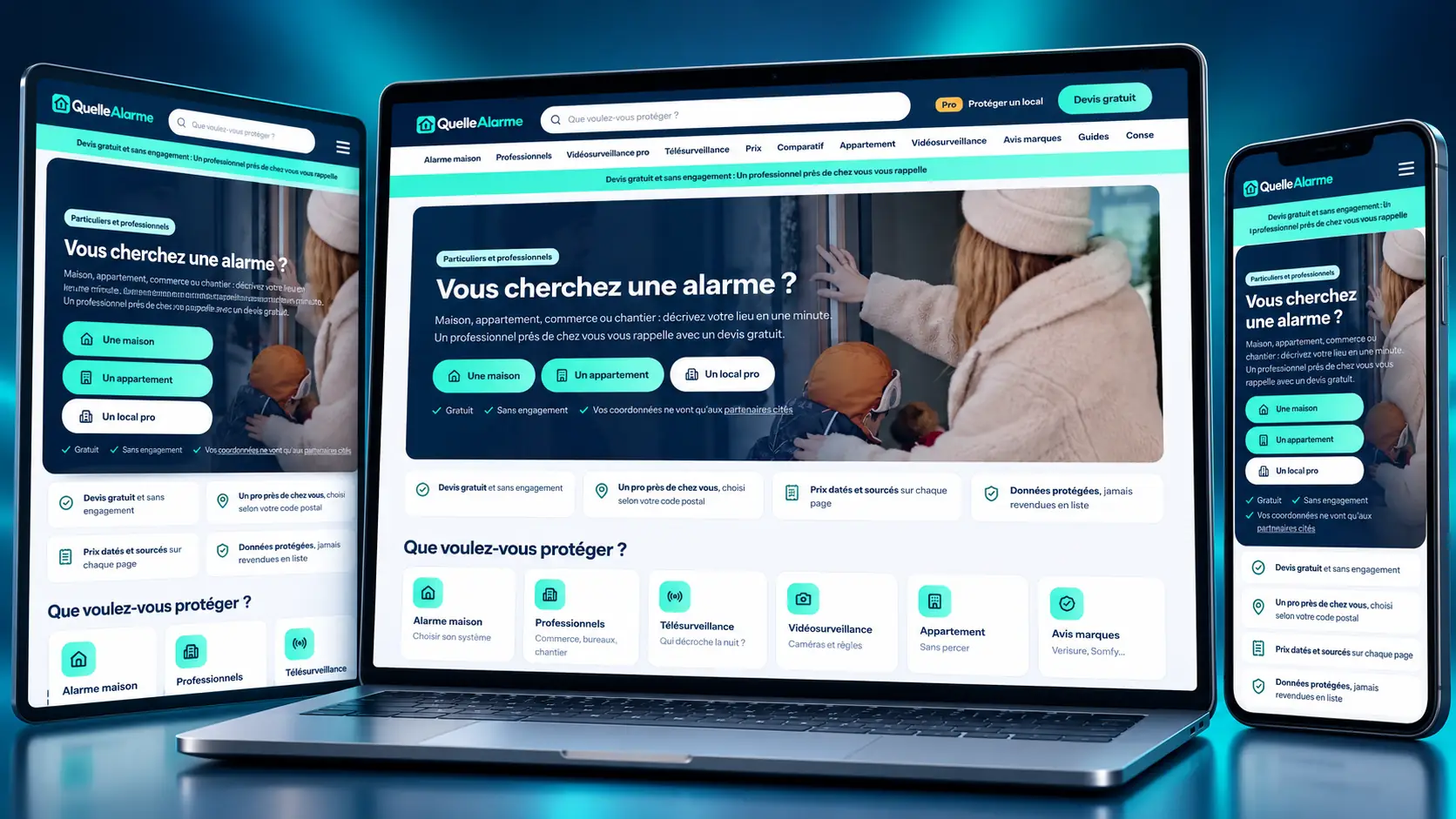 Le site QuelleAlarme sur une tablette, un ordinateur portable et un téléphone, sur fond bleu nuit
