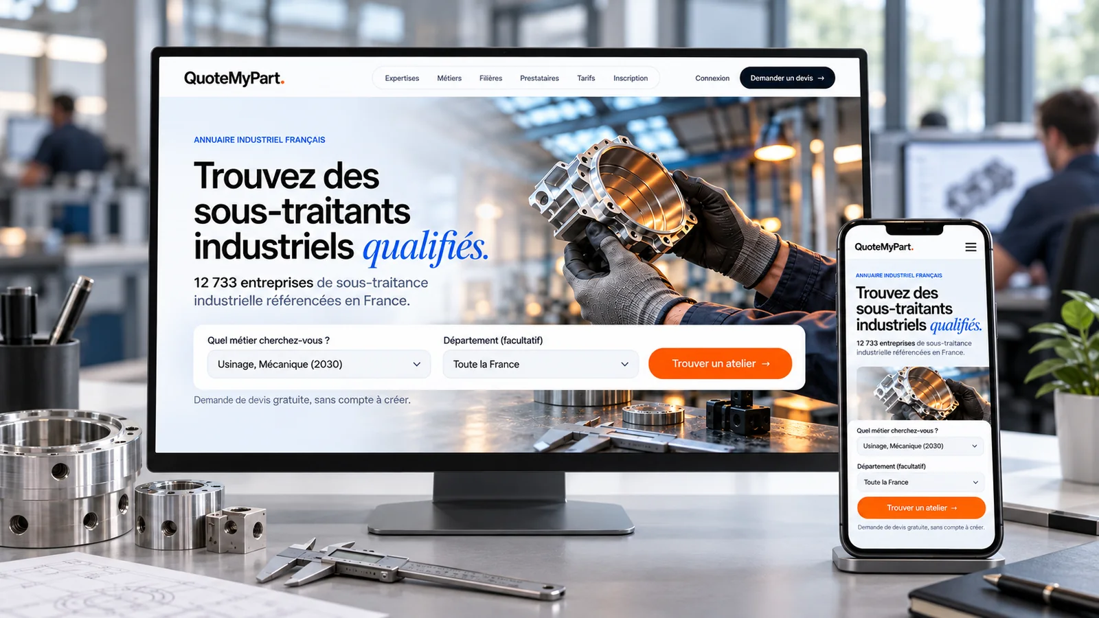 Maquette de l'accueil de QuoteMyPart sur un écran d'ordinateur et un smartphone posés sur un établi d'atelier : « Trouvez des sous-traitants industriels qualifiés », recherche par métier et par département, bouton « Trouver un atelier »