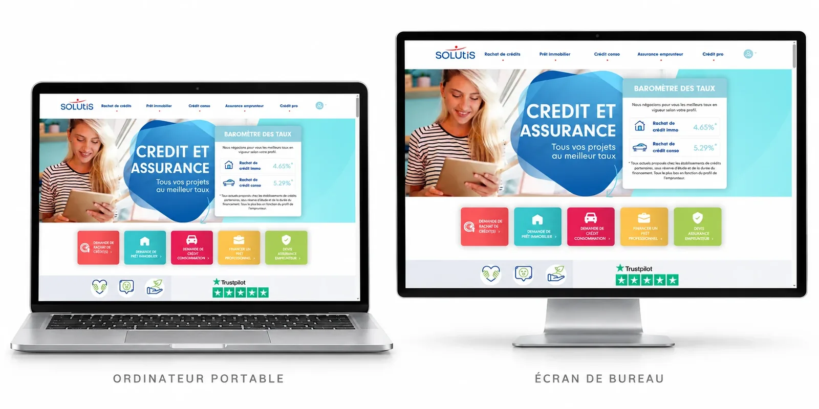 Mockups du site de Solutis sur un ordinateur portable et sur un écran de bureau : titre « Crédit et assurance, tous vos projets au meilleur taux », baromètre des taux et accès aux demandes de rachat de crédits, de prêt immobilier, de crédit consommation, de prêt professionnel et d'assurance emprunteur