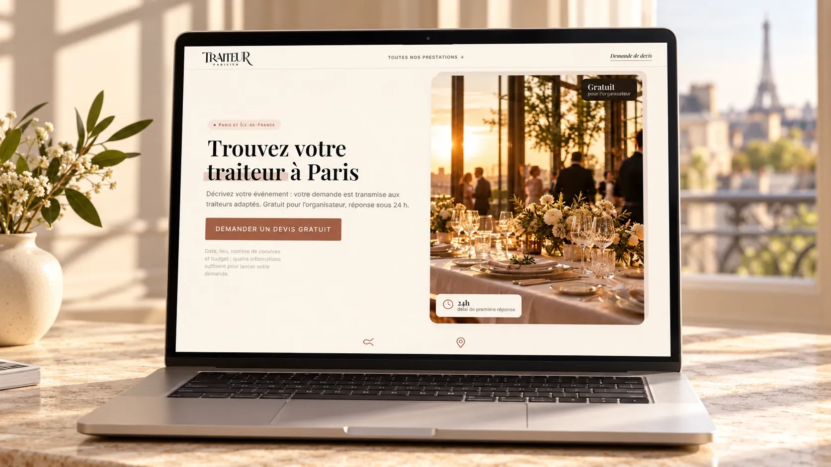 Maquette de l'accueil du site Traiteurs Parisiens sur un ordinateur portable : titre « Trouvez votre traiteur à Paris », bouton « Demander un devis gratuit », photo d'une réception au coucher du soleil, badges « Gratuit pour l'organisateur » et « 24 h, délai de première réponse »
