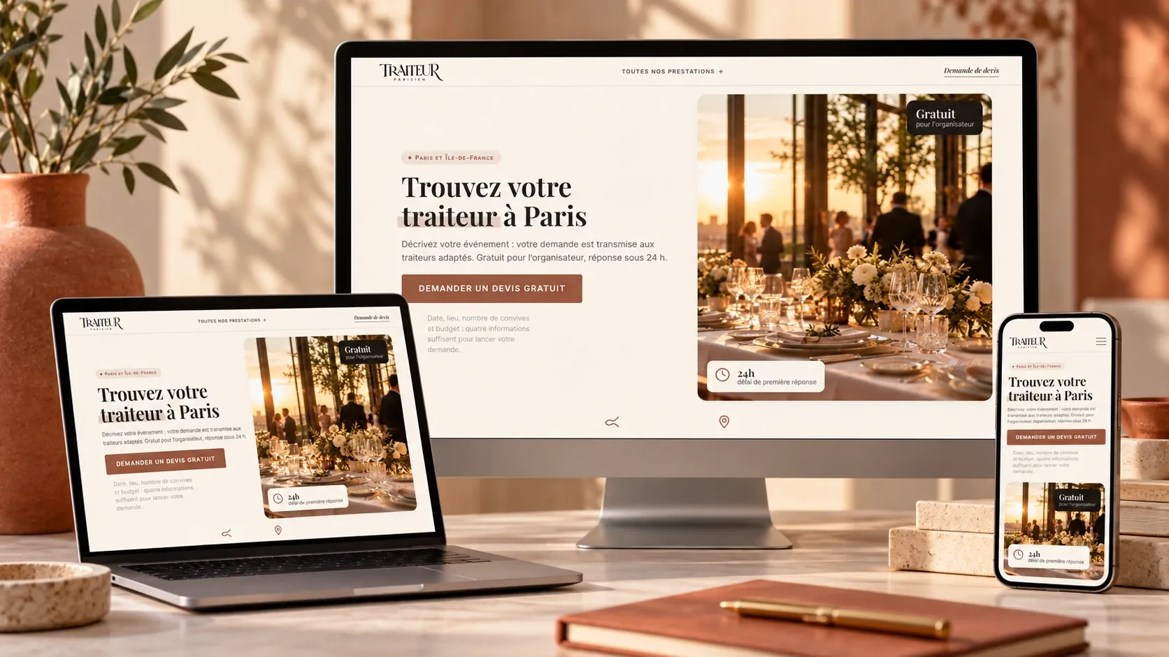 Maquette du site Traiteurs Parisiens sur un écran, un ordinateur portable et un smartphone, même accueil sur les trois formats