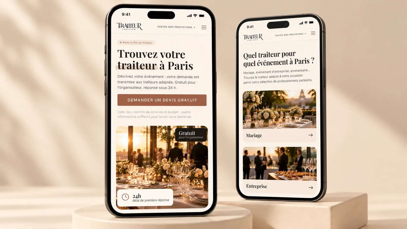 Maquette du site Traiteurs Parisiens sur deux smartphones : accueil avec le bouton « Demander un devis gratuit », et page « Quel traiteur pour quel événement à Paris ? » avec les cartes Mariage et Entreprise