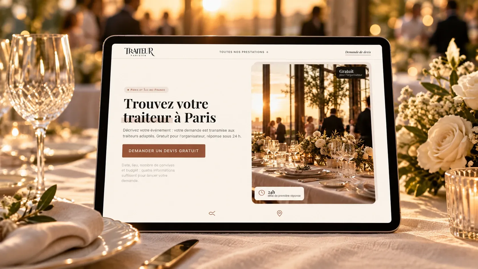 Maquette de l'accueil du site Traiteurs Parisiens sur une tablette posée sur une table de réception