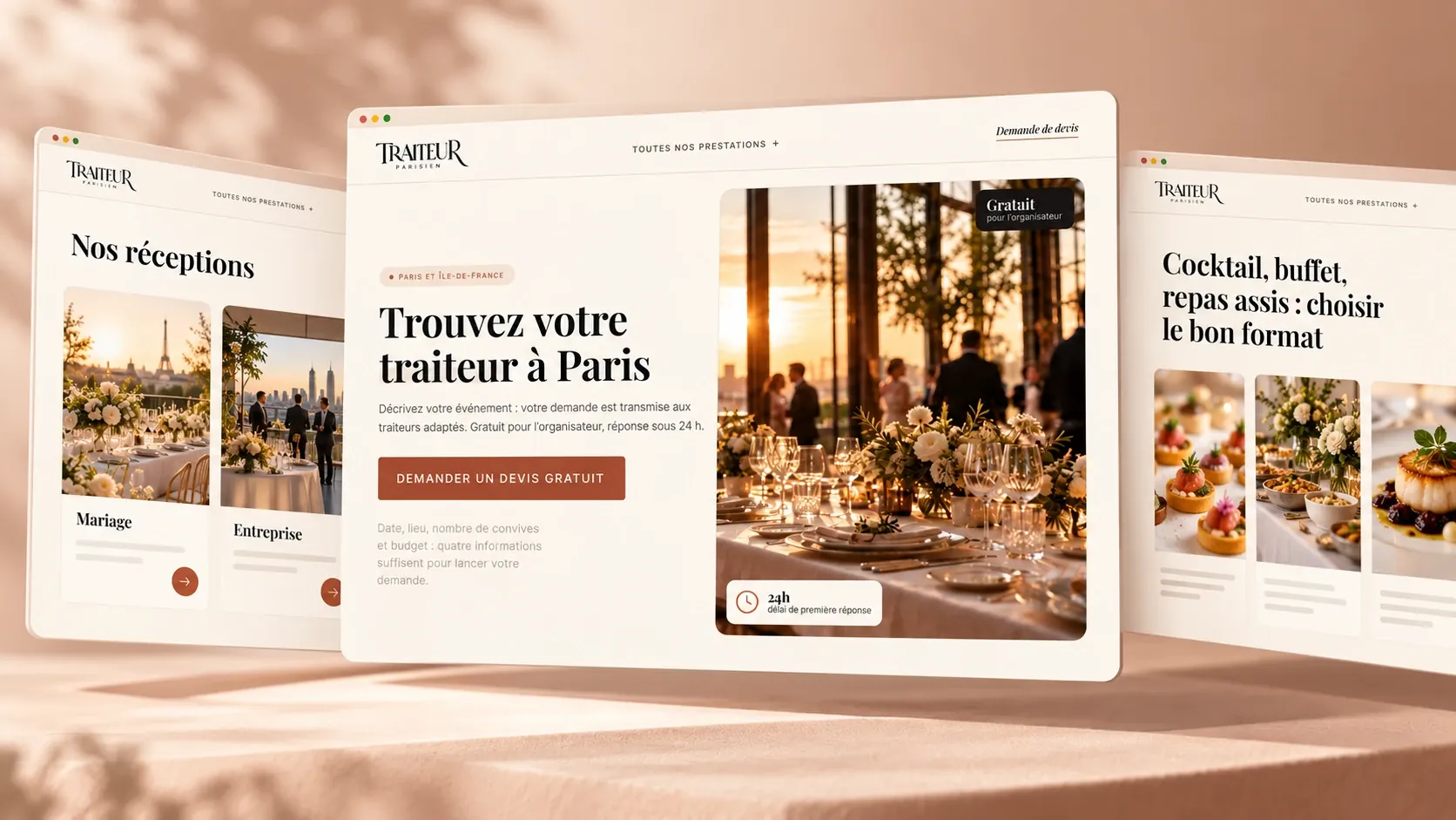 Maquette de trois pages du site Traiteurs Parisiens : « Nos réceptions » avec les cartes Mariage et Entreprise, l'accueil, et « Cocktail, buffet, repas assis : choisir le bon format »