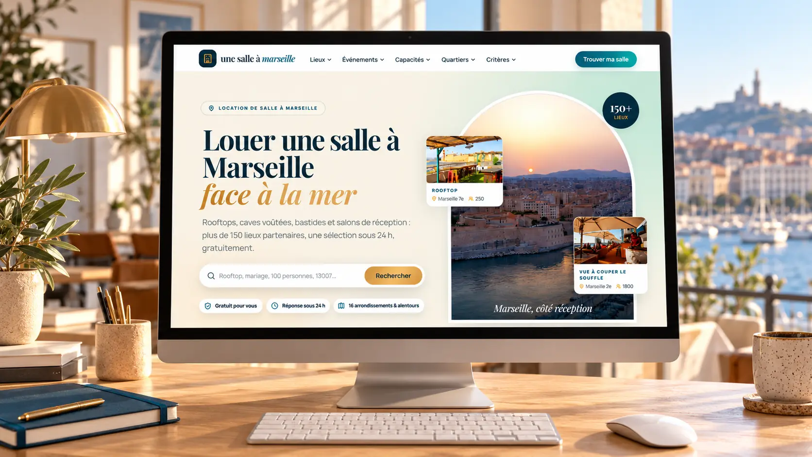 Le site Une salle à Marseille sur un écran de bureau, devant une fenêtre donnant sur le port