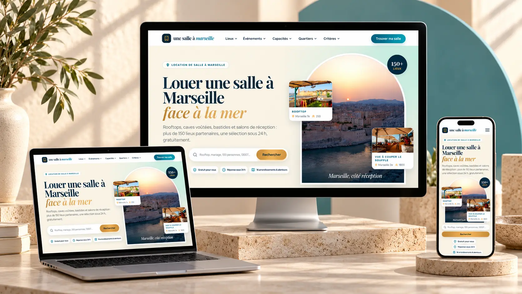 Le site Une salle à Marseille sur un écran de bureau, un ordinateur portable et un téléphone : même accueil, adapté à chaque écran