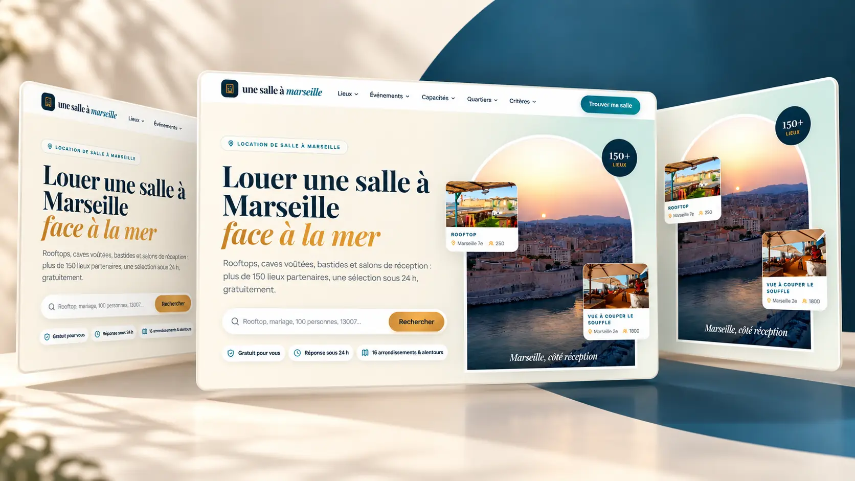 Trois écrans du site Une salle à Marseille, accueil au centre avec la photo du Vieux-Port au couchant et deux cartes de lieux, un rooftop et une salle avec vue