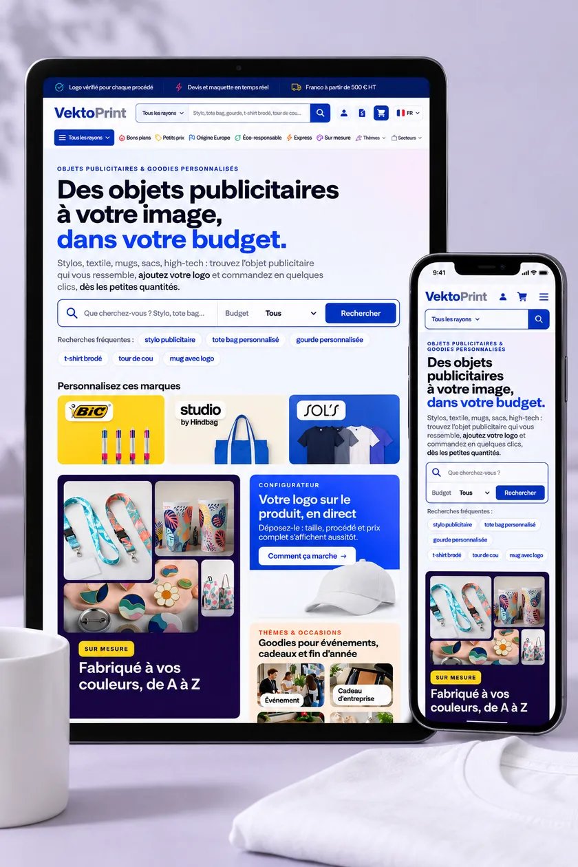 Maquette de l'accueil de VektoPrint sur tablette et sur smartphone : « Des objets publicitaires à votre image, dans votre budget. », recherche par budget, recherches fréquentes (stylo publicitaire, tote bag personnalisé, gourde personnalisée), configurateur et gamme sur mesure « Fabriqué à vos couleurs, de A à Z »