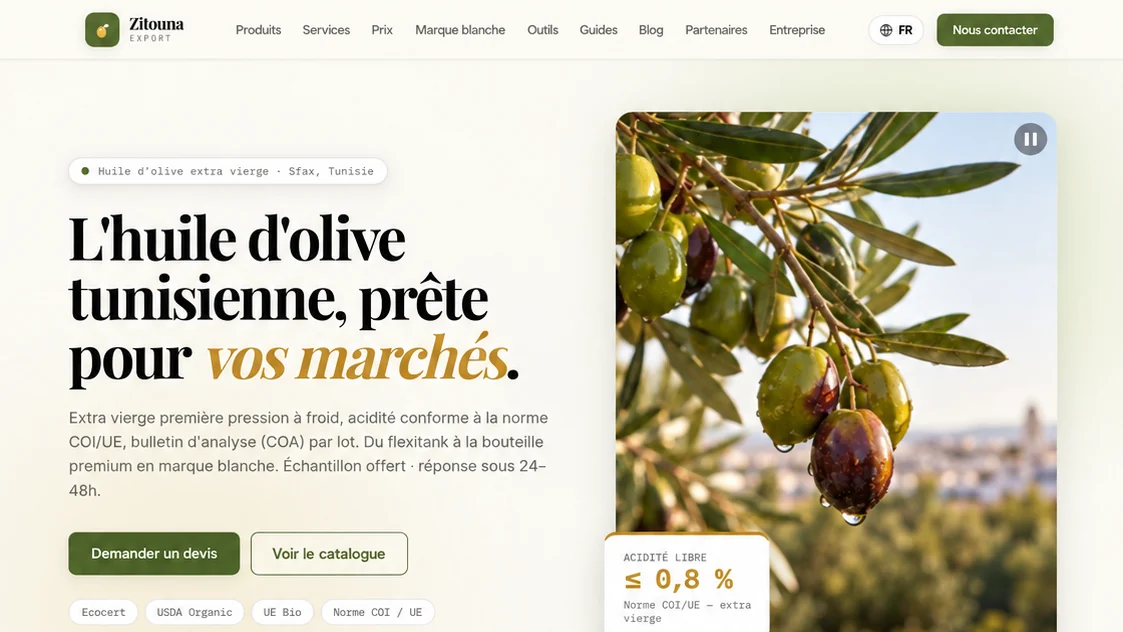 Page d'accueil du site Zitouna Export : titre « L'huile d'olive tunisienne, prête pour vos marchés », boutons « Demander un devis » et « Voir le catalogue », photo d'olives