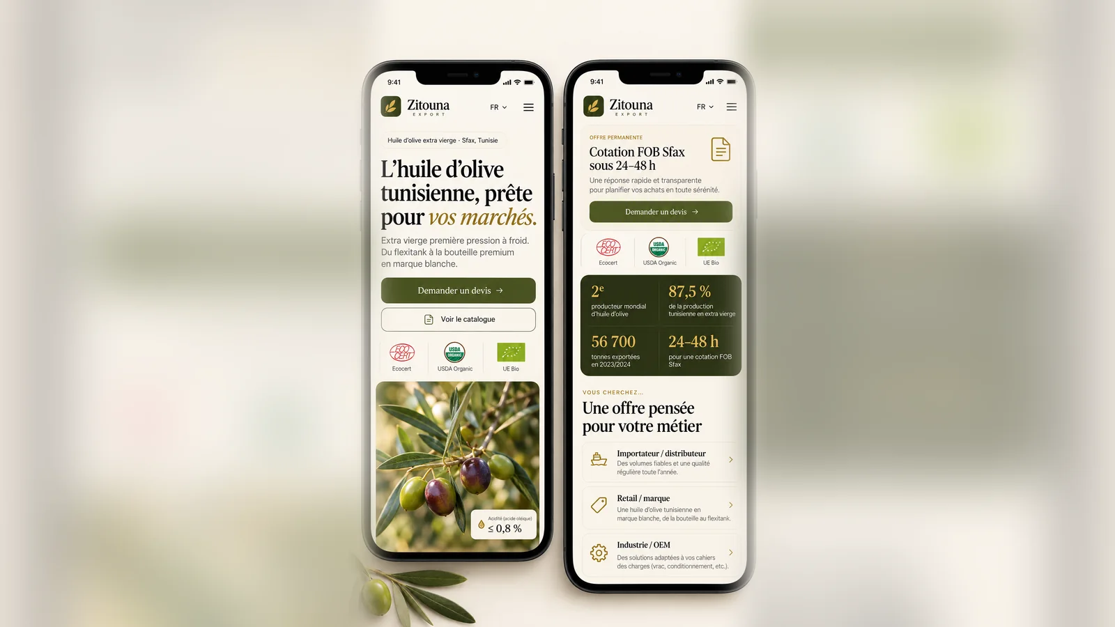 Maquette de l'accueil de Zitouna Export sur deux smartphones : le titre et les certifications, puis la cotation FOB sous 24 à 48 h, les chiffres clés et l'offre par métier (importateur, marque, industrie)