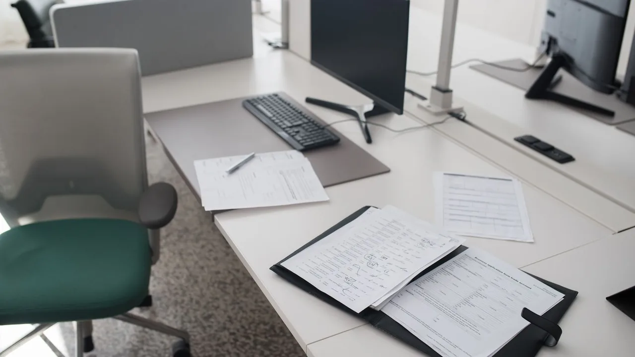 Un bureau d'entreprise rangé avec des tableaux imprimés, un classeur et un écran, prêt pour une séance de travail