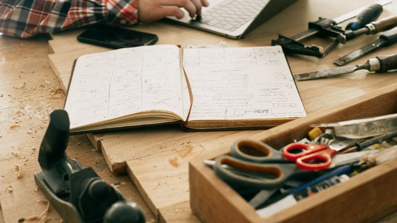 Carnet de notes ouvert sur l'établi d'un atelier, au milieu des outils et à côté d'un ordinateur portable